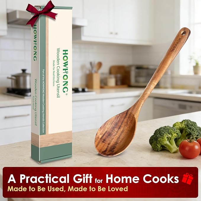 HOWHONG Wooden Cooking Spoon, Long Handle Acacia Wood Spoon for Cooking, Deep Solid Spoon for Soup, Sauce and Stirring, Smooth Finish, Nonstick Cookware Safe, Bare Wood Feel for Daily Kitchen Use