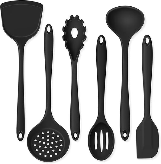 Onader Cooking Utensils Set of 6, Black Silicone Kitchen Cooking Utensils Set for Nonstick Cookware, Non Toxic & Dishwasher Safe