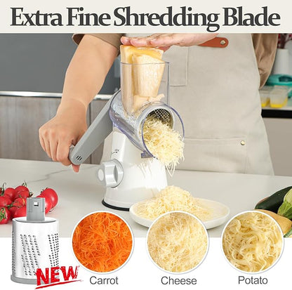 Cambom 5 in 1 Rotary Cheese Grater Hand Crank Cheese Shredder for Fresh Cheese, Vegetable, Nuts,Non-slip Suction Base, Five Blades, White - Image 2