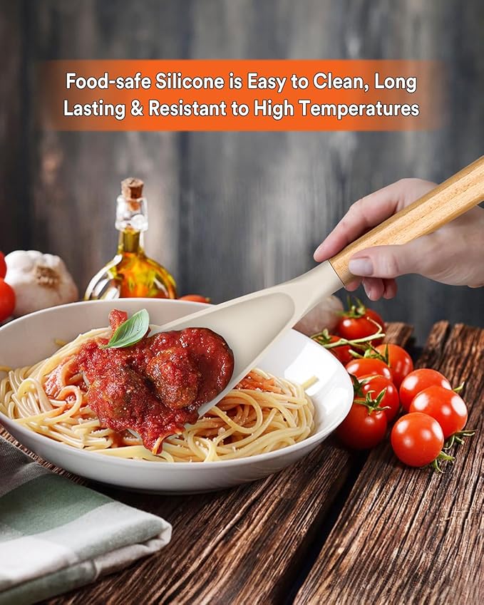 Cooking Spoon for Nonstick Cookwares, Great for Cooking and Serving Sturdy BPA-Free Matte Silicone, Wood Handle Spoon for Mixing, Scoop, and Scrape (2 Pack of Khaki, 13.4 inch) - Image 3