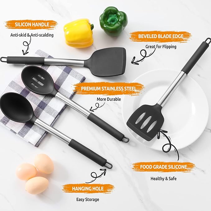 E-far Cooking Utensils Set of 4, Silicone Kitchen Utensils for Non-stick Cookware, Heat Resistant & Non-toxic Slotted Spatula Solid Spoon Turner for Flipping Mixing Serving Basting(Black) - Image 4