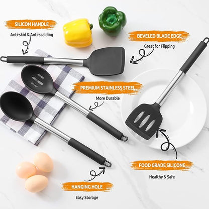 E-far Cooking Utensils Set of 4, Silicone Kitchen Utensils for Non-stick Cookware, Heat Resistant & Non-toxic Slotted Spatula Solid Spoon Turner for Flipping Mixing Serving Basting(Black) - Image 4