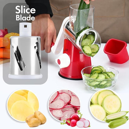 Rotary Cheese Grater Shredder, Speed Kitchen Manual Round Mandolin Slicer Safe Grinder with 3 Interchangeable Blades for Nuts, Carrot, Hashbrown, Garlic, Walnut, Potato, Chocolate (Red) - Image 4