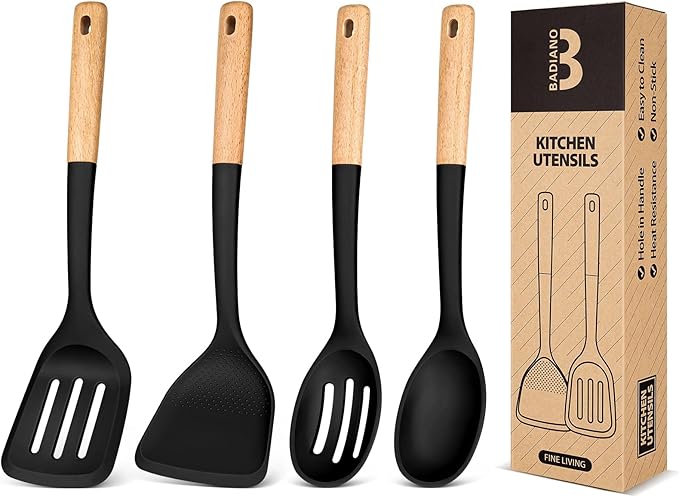 Silicone Cooking Utensils Set, Perfectly Angled for Frying, Mixing,Serving,Draining,Turning and Stirring, BPA-Free Matte Silicone, Wood Handles, Safe for Nonstick Cooking Surfaces,4 Pack (Black) by BADIANO
