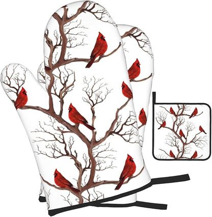 Winter Cardinal Birds Oven Mitts and Pot Holders Sets of 3 Kitchen Hot Pads Oven Gloves Heat Resistant Washable for Cooking Grilling Baking Christmas Holiday Kitchen Decor Cardinal Gifts for Women - Image 2