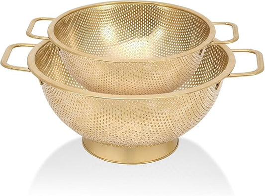 2PCS Gold Strainer for Kitchen, 3QT and 5QT, Stainless Steel Colander with Handle for Fruits Vegetables Cooking Food, Dishwasher Safe