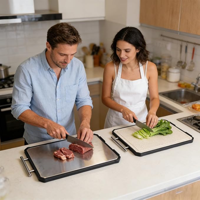 Titanium Cutting Board for Kitchen, Double Sided Titanium Cutting Board with Juice Groove, Metal Chopping Board for Kitchen, Titanium & Wheat Straw PP, Dishwasher Safe, 16.3”×11”