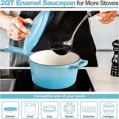 HaSteeL 2 QT Cast Iron Saucepan, Mini Enamel dutch oven with lid, Small Non Stick Pan for Milk, Pasta Tomato Sauce, Butter, Breakfast, Soup, Suitable for Boiling Stewing Frying, Easy to Clean, Blue