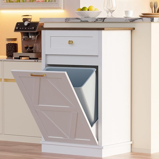 YESHOMY 10 Gallon Tilt-Out Trash Cabinet, Wooden Hidden Garbage Can Holder with Storage Drawers for Kitchen and Dining Room, White (2 Piece)