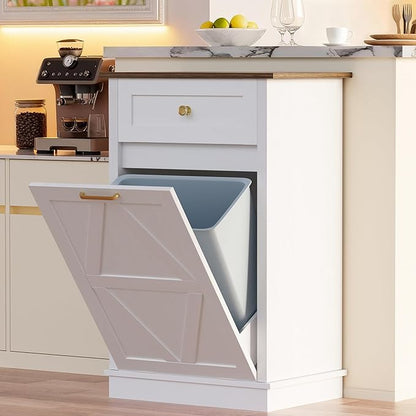 YESHOMY 10 Gallon Tilt-Out Trash Cabinet, Wooden Hidden Garbage Can Holder with Storage Drawers for Kitchen and Dining Room, White (2 Piece)