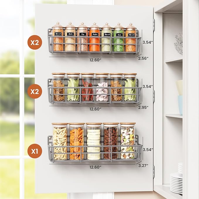 Mystozer 5 Pack Spice Rack Seasoning Organizer Wall Mount, Spice Storage Spice Rack Organizer Pantry Door Organizer Screw or Adhesive Hanging Shelf Basket Spice Organizer Shelf for Kitchen (Gray) - Image 3