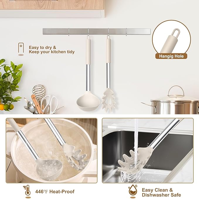 TeamFar Silicone Soup Ladle and Pasta Fork Set, 2 Pcs Large Nonstick Kitchen Cooking Utensils with Stainless Steel Handle for Draining, Serving Soup, Sauce, Spaghetti, Non-Toxic & Heat-Proof, Khaki - Image 6