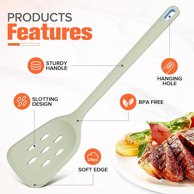 Large Silicone Utensils Set of 7 for Cooking,No Scratch for Nonstick Cookware,Pasta Server,Spaghetti Spoon,Slotted Spoon&Spatula,Solid Spoon&Spatula,Skimmer,Soup Ladle BPA Free Heat Resistant (Green) - Image 4