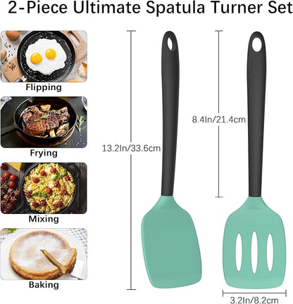 Coukre 2 Pack Silicone Spatula Set, High Heat Resistant, BPA Free Kitchen Spatula, Solid & Slotted Turner for Non-Stick Pans, Sautéing, and Flipping (2, AquaGreenBlack) - Image 2