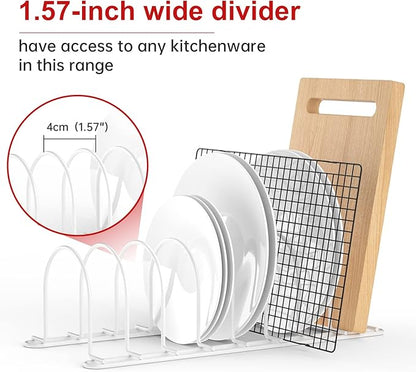 JAQ Pot Lid Rack Organizer, 10.5" Kitchenware Dividers Holder for Plates, Pans,Chopping Boards, Muffin Tins, Baking Sheets in Cabinets Shelf Countertop Pantry (White, 6-Slot) - Image 4