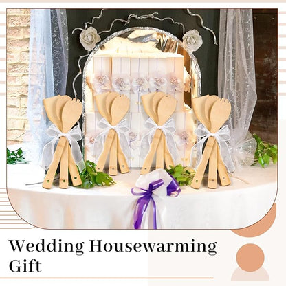 Reallnaive 108 Pcs Bamboo Spatula Wooden Kitchen Utensil Bulk 12''wood Spoon Spatula for Cooking with Ribbon Bridal Baby Shower Game Prize Wedding Party Favors Housewarming Gift (Natural Style)