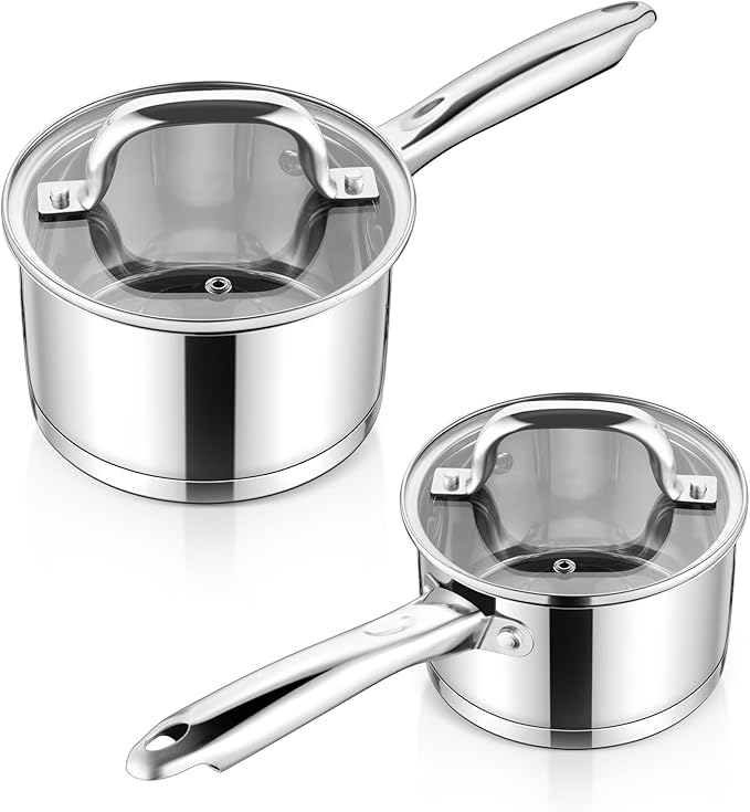 E-far Stainless Steel Saucepan with Lid Set - 1QT & 2QT, Triply Sauce Pan Induction Pot for Cooking, Boiling, Compatible with All Stoves, Visible Lid, Healthy & Non Toxic, Oven & Dishwasher Safe by E-far