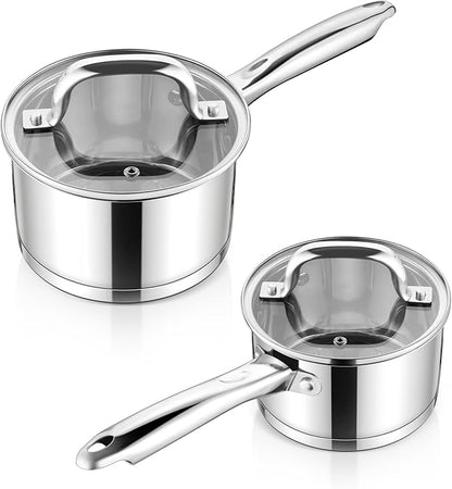E-far Stainless Steel Saucepan with Lid Set - 1QT & 2QT, Triply Sauce Pan Induction Pot for Cooking, Boiling, Compatible with All Stoves, Visible Lid, Healthy & Non Toxic, Oven & Dishwasher Safe by E-far