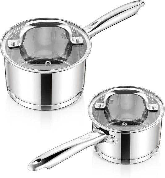 E-far Stainless Steel Saucepan with Lid Set - 1QT & 2QT, Triply Sauce Pan Induction Pot for Cooking, Boiling, Compatible with All Stoves, Visible Lid, Healthy & Non Toxic, Oven & Dishwasher Safe by E-far