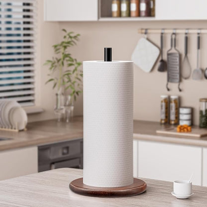Paper Towel Holder with Wooden Base, Kitchen Countertop Paper Towel Stand, Brown Wood Base with Black Stainless Steel Post, Farmhouse Roll Dispenser.