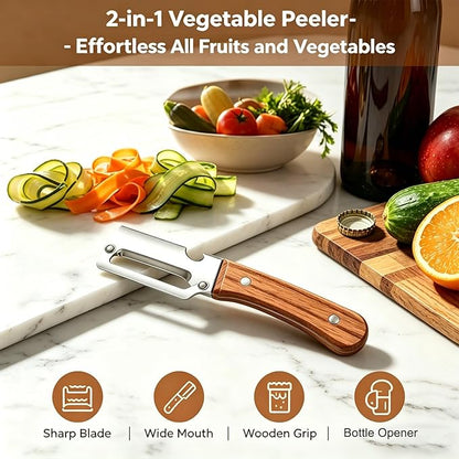 2-in-1 Multifunctional Vegetable Peeler, Premium Vegetable Peeler with Wooden Handle and Bottle Opener, Kitchen Tool for Fruit Apple Potato Pumpkin Papaya (2PCS) - Image 2