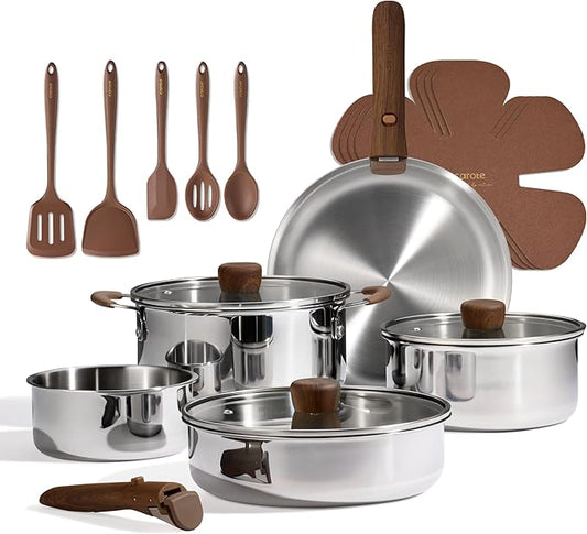 CAROTE 19pcs Stainless Steel Cookware Set with Detachable Handle, Pots and Pans Set, Induction Kitchen Cooking Sets, RV/Camping Cookware, Removable Handle, Oven Safe, Woodgrain by CAROTE
