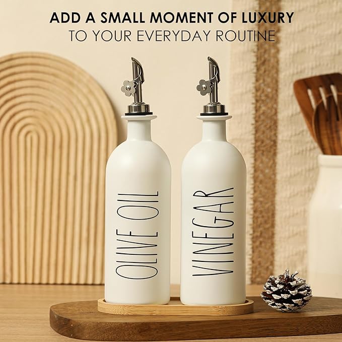 HOMCDALY 16oz Olive Oil Dispenser Bottles for Kitchen, White Oil and Vinegar Dispenser Set, Two Olive Oil Bottles with Bamboo Tray | Set of 2 (16oz-P-White) - Image 7