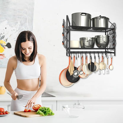 VyGrow 28 Inch Pot Rack Wall Mounted, 2 Tier Pots and Pans Organizer with 20 Hooks and 6 Pot Lid Holders, Heavy Duty Steel Pot and Pan Hanger for Kitchen Cookware Utensils Storage 34.7" Lx13 Wx26.4 H - Image 6