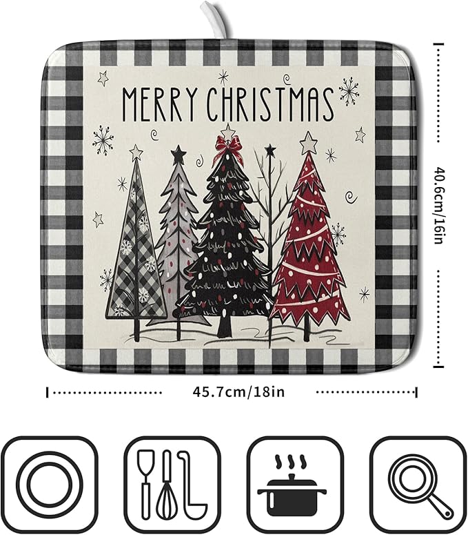 Merry Christmas Tree Dish Drying Mat for Kitchen Counter 16x18 Inch Black Red Grey Xmas Plaid Print Absorbent Reversible Microfiber Drying Mats Kitchen Countertop Protector Dishes Drainer Rack Pad - Image 2