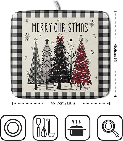 Merry Christmas Tree Dish Drying Mat for Kitchen Counter 16x18 Inch Black Red Grey Xmas Plaid Print Absorbent Reversible Microfiber Drying Mats Kitchen Countertop Protector Dishes Drainer Rack Pad - Image 2