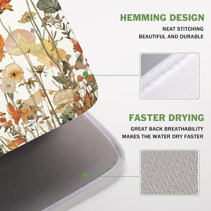 Fall Floral Dish Drying Mat for Kitchen Counter Orange Rustic Vintage Wildflower Pattern Microfiber Dish Drainer Mat Autumn Absorbent Washable Drying Pad Extra Large 16"x18"