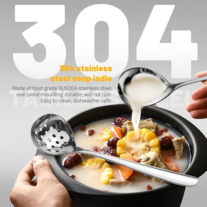 2Pcs Small Ladle and Slotted Spoon, Heavy Duty 304 Stainless Steel Gravy Ladle Mini Soup Ladles for Serving, Skimmer Strainer Spoon with Holes, Silver