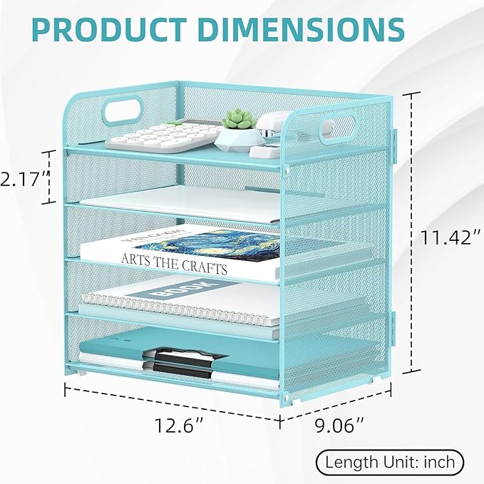 2 Pack 5-Tier Blue Desk Organizer with Handle Mesh Desk File/Paper Organizer Letter Tray for Office, School and Home Easy Installation - Image 5