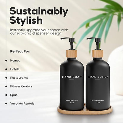 Black Glass Soap and Lotion Dispenser Set with Tray by Brighter Barns - Liquid Hand Soap Dispenser and Pump - Bamboo Bathroom Accessories & Modern Bathroom Decor (Black) - Image 2
