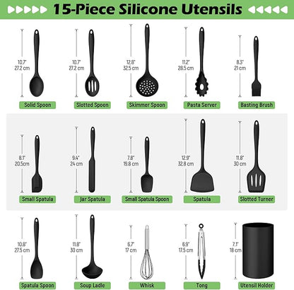Silicone Cooking Utensil Set, Homikit 15pcs Kitchen Utensils with Holder for Nonstick Cookware, Heat Resistant Nontoxic Silicone Spatula Set Dishwasher Safe Kitchen Tools for Baking-Black - Image 2