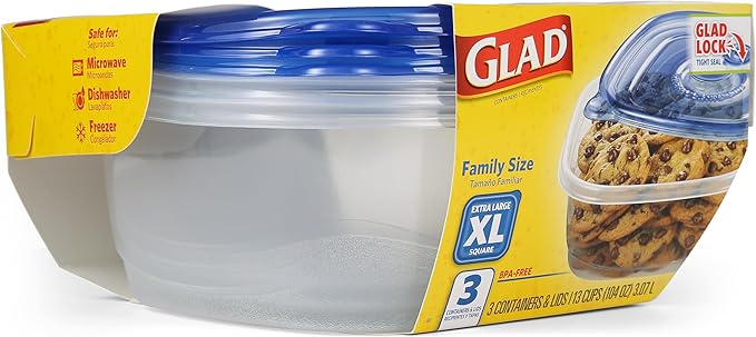 Glad GladWare XL Square Food Storage Containers with Lock Tight Lids, BPA-Free Family Size Plastic Containers for Leftovers, Meal Prep, and Freezer Storage, Dishwasher Safe, 104 Oz, 3 Count - Image 3