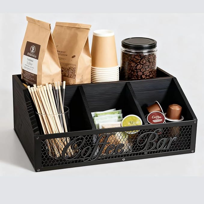 Coffee Station Organizer, Rustic Countertop Coffee Bar Accessories, 4 Compartments for Pods, Syrup, Stirrer, Tea Bags - Coffee Condiment Station Storage for Home and Office - Black by DearyHome