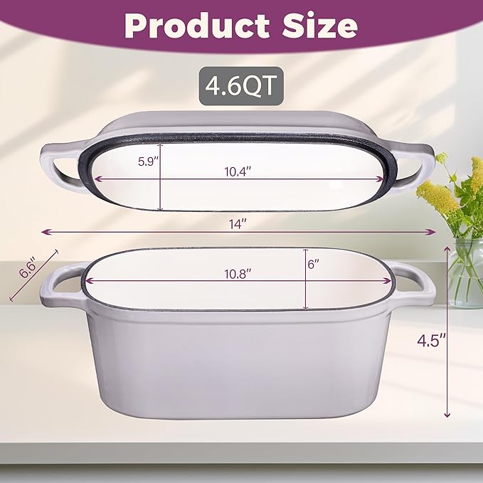 4.6-Quart Oval Dutch Oven for Bread Baking, 2 in 1 Cast Iron Bread Pan with Lid, Sourdough Bread Dutch Oven for a Crispy Crust, Oyster Grey