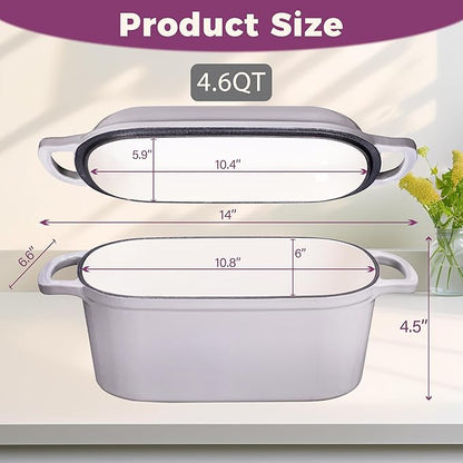 4.6-Quart Oval Dutch Oven for Bread Baking, 2 in 1 Cast Iron Bread Pan with Lid, Sourdough Bread Dutch Oven for a Crispy Crust, Oyster Grey