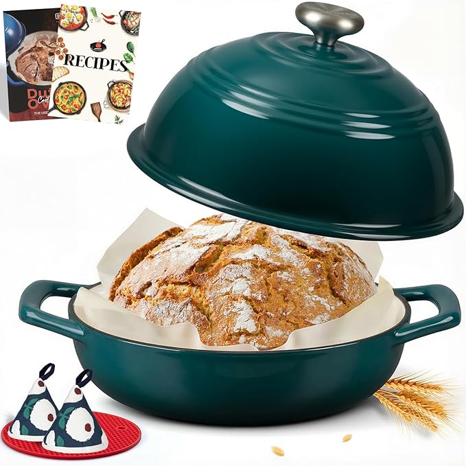 Overmont Enameled Cast Iron Bread Oven - 6QT Bread Dutch Oven for Sourdough Baking - Bread Pot with Dome Lid Cotton Potholders & Cookbook - Multi-Functional Bread Pan For Baking Frying Roasting by Overmont