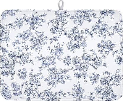 Blue Floral Dish Drying Mat for Kitchen Counter Chinoiserie Flower Microfiber Dish Drainer Mat Vintage Rustic Elegant Absorbent Washable Drying Pad Extra Large 18"x24"