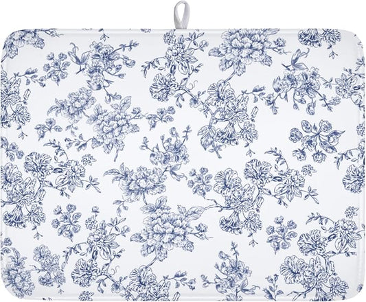 Blue Floral Dish Drying Mat for Kitchen Counter Chinoiserie Flower Microfiber Dish Drainer Mat Vintage Rustic Elegant Absorbent Washable Drying Pad Extra Large 18"x24"