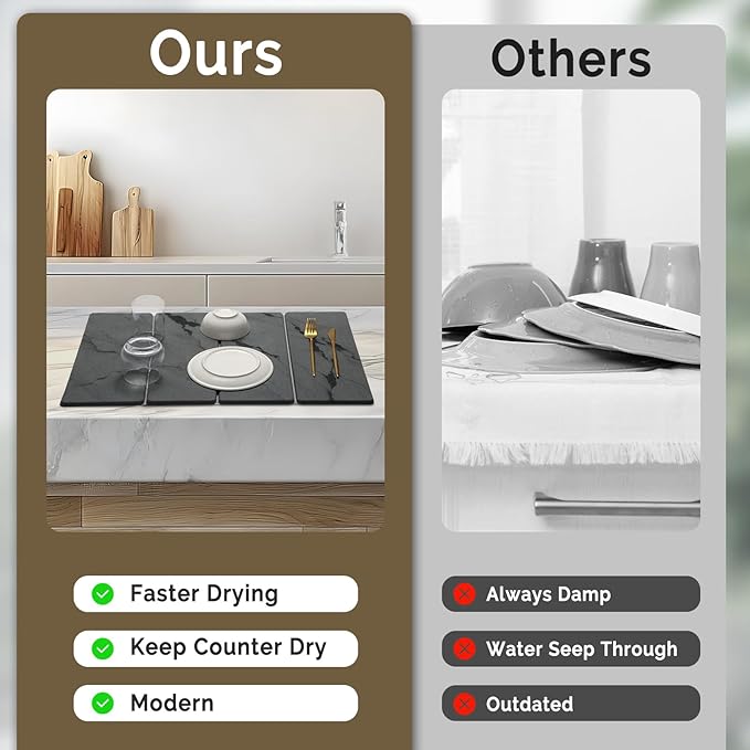 Large Stone Dish Drying Mat for Kitchen Counter, 2 PCS Quick Dry Stone Mats, Foldable Water Absorbing Diatomaceous Earth Drying Dishes Pad for Countertop Bottles Utensils Cup(Dark gray 24"x16"&8"x4") - Image 7