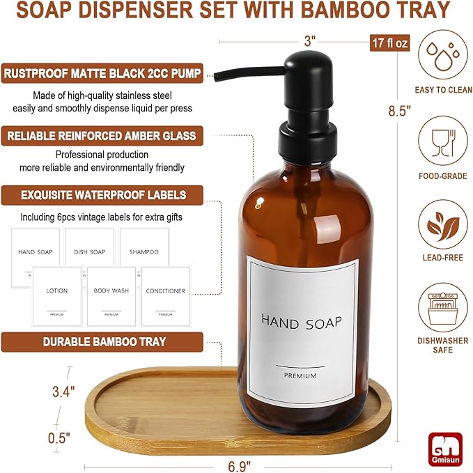 GMISUN Amber Glass Soap Dispenser, 2 Pack Bathroom Hand Soap Dispensers with Bamboo Tray, 17 Fl Oz Kitchen Hand and Dish Soap Dispenser Set, Modern Vintage Liquid Brown Soap Dispensers Bottle - Image 3