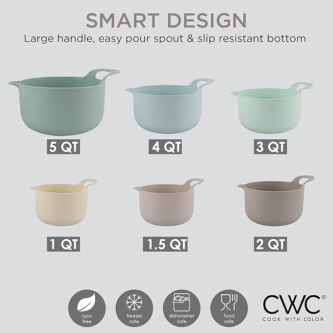 COOK WITH COLOR Nesting Plastic Mixing Bowl Set with Pour Spouts and Handles, Mint, 6 Piece Non-Slip - Image 7