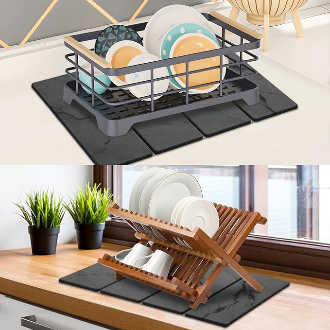 Large Stone Dish Drying Mat for Kitchen Counter, 2 PCS Quick Dry Stone Mats, Foldable Water Absorbing Diatomaceous Earth Drying Dishes Pad for Countertop Bottles Utensils Cup(Dark gray 24"x16"&8"x4") - Image 6