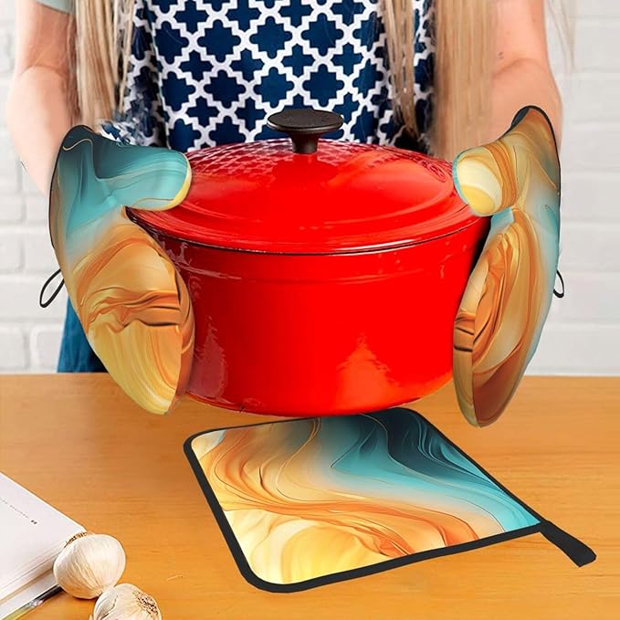 Orange Teal Marble Oven Mitts and Pot Holders Sets of 3 Kitchen Hot Pads Modern Oven Gloves Heat Resistant Washable for Cooking Grilling Baking Holiday Kitchen Decor - Image 7