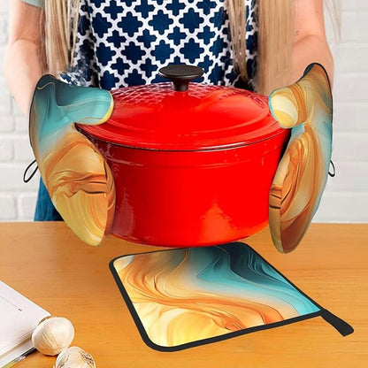 Orange Teal Marble Oven Mitts and Pot Holders Sets of 3 Kitchen Hot Pads Modern Oven Gloves Heat Resistant Washable for Cooking Grilling Baking Holiday Kitchen Decor - Image 7