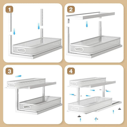 2-Pack 21.3 IN Depth Under Sink Organizer With Next-Gen Ball-Bearing Slides,Sophisticated Mesh 2-Tier Pull Out Shelf for Kitchen & Bathroom,Fits Small Items-White(Patented)