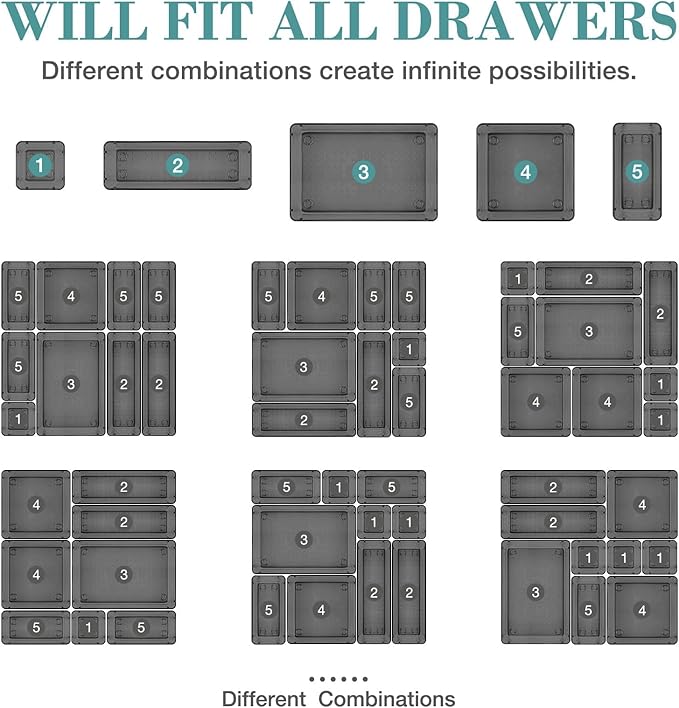 StorMiracle 23 PCS Drawer Organizer Set, 5 Varied Size Bathroom and kitchen Drawer cabinet organizer Trays, Clear Storage Bins for Makeup, Jewelry, Utensils and Gadgets, Black - Image 4